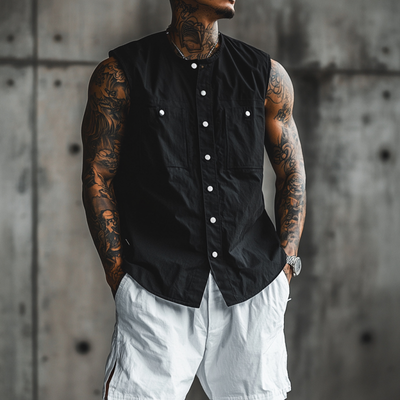 Enrique | Men'S Casual Breathable Cotton Round Neck Iron Single Breasted Loose Sleeveless Shirt