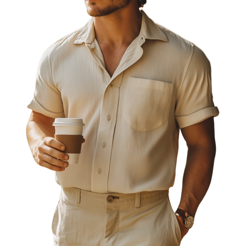 Edward | Men'S Casual Cotton Blended Stripe Lapel Patch Pocket Loose Short Sleeve Shirt