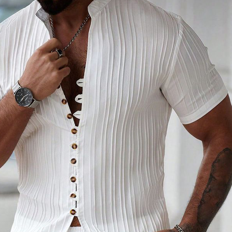 Dan | Men'S Solid Color Striped Textured Stand Collar Short Sleeve Shirt