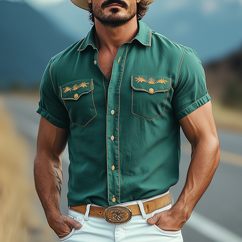 Cody | Men'S Casual American Western Tough Style Cotton Blend Embroidered Slim Short Sleeve Shirt