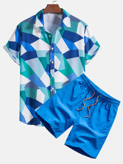 Raúl® | Color Block Geometric Print Shirt & Swim Shorts