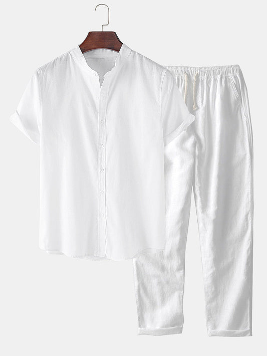 Aegidius® | Linen Look Short Sleeve Basic Shirts & Straight Leg Linen Pants