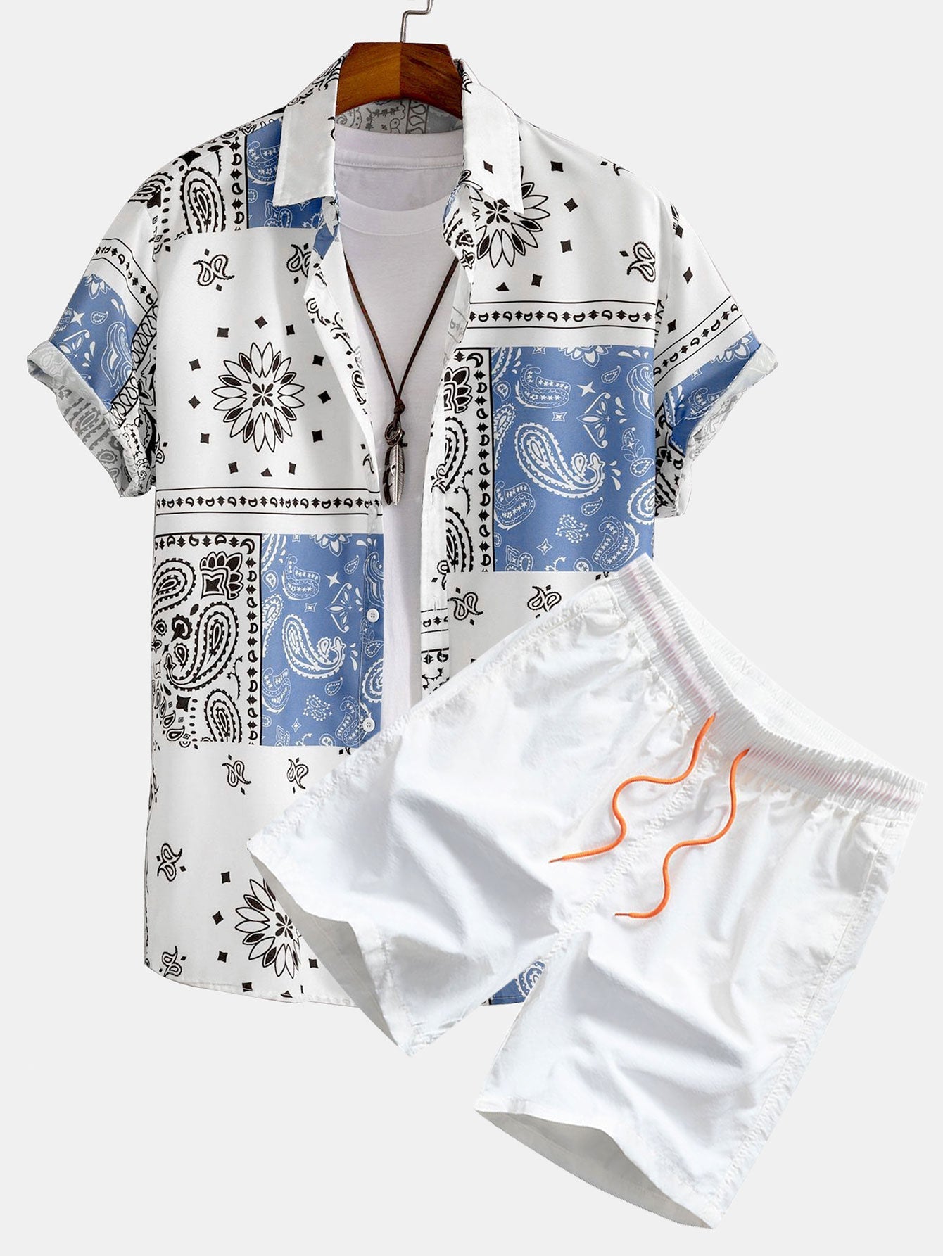 Adamo® | Paisley Print Button Up Shirt Random Pattern Design & Swim Shorts