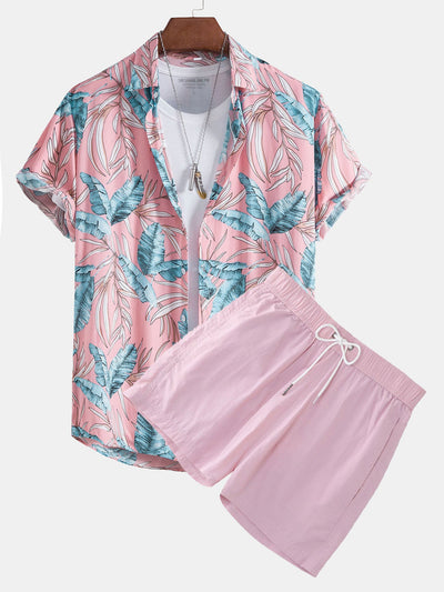 Zeus® | Viscose Tropical Print Button Up Shirt & Short Length Swim Shorts