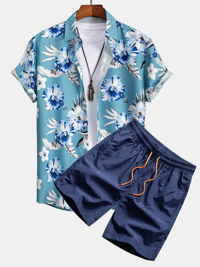 Declan® | Tropical Floral Print Button Up Shirt & Swim Shorts