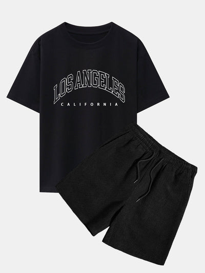 Primo® | Los Angeles Letter Print Drop Shoulder Oversize T-Shirt & Corduroy Shorts