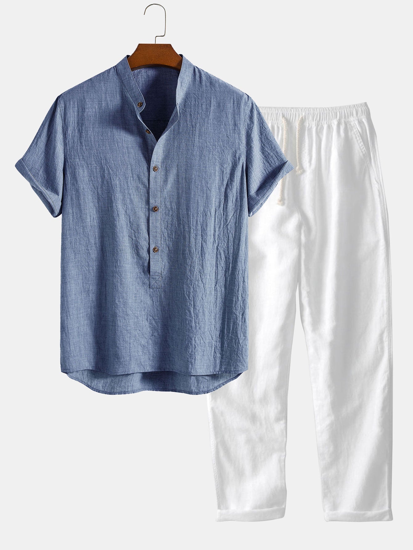 Petronio® | Short Sleeve Half Button Fly Henley Collar Shirt & Straight Leg Linen Pants