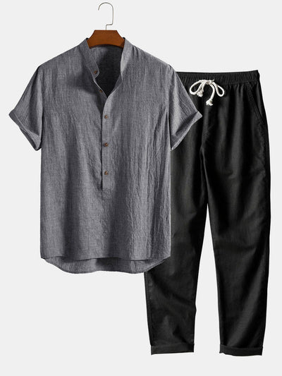 Petronio® | Short Sleeve Half Button Fly Henley Collar Shirt & Straight Leg Linen Pants