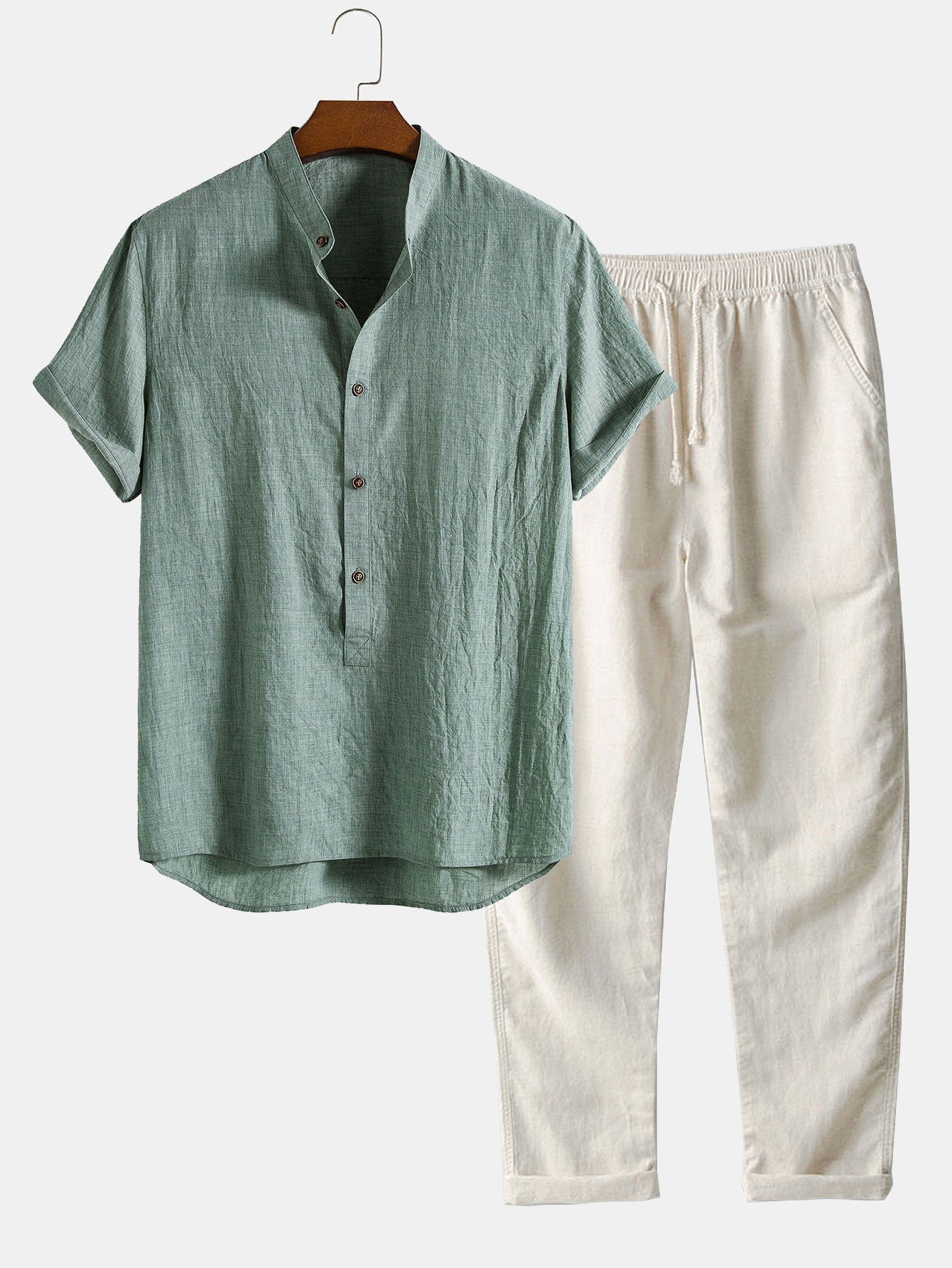Petronio® | Short Sleeve Half Button Fly Henley Collar Shirt & Straight Leg Linen Pants