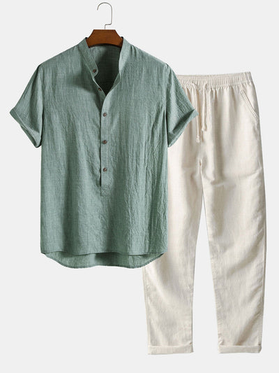 Petronio® | Short Sleeve Half Button Fly Henley Collar Shirt & Straight Leg Linen Pants