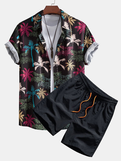 Pascual® | Palm Tree Print Button Up Shirt & Swim Shorts