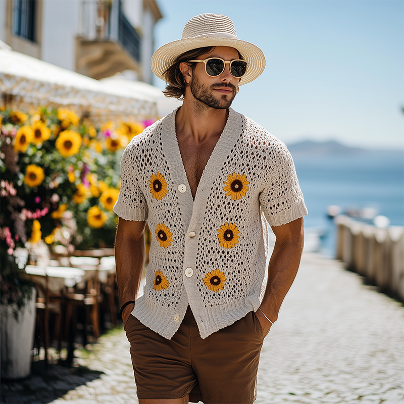Kendall | Men'S Spring And Summer Fashion Casual Vacation Style Knitted Hollow Flower Short-Sleeved Shirt