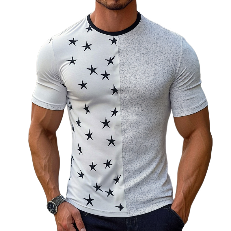 Adrian | Men'S Round Neck Patchwork Printed Cotton Blend Short-Sleeved T-Shirt
