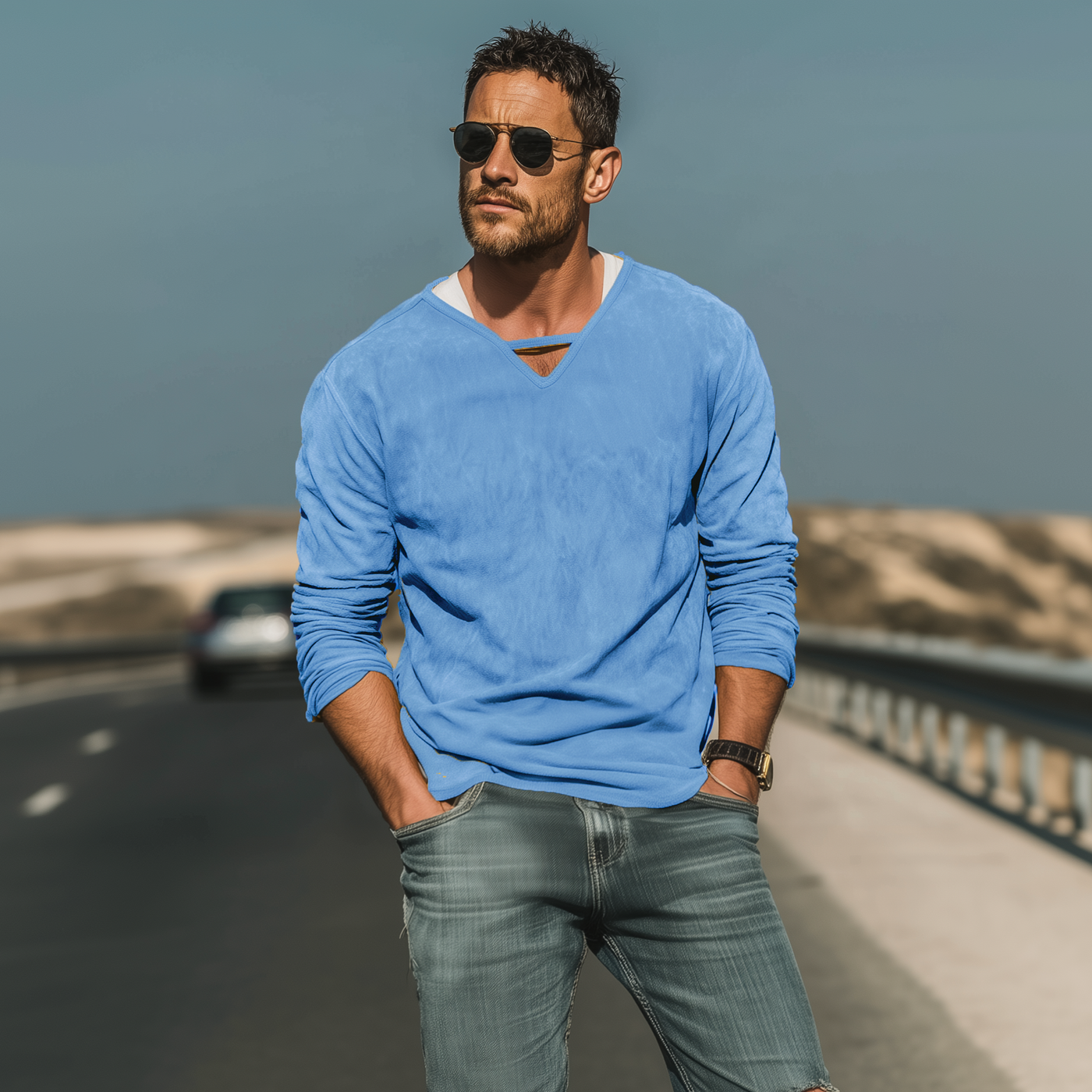 Wayne | Men'S Spring And Summer Fashion Casual Thin Suede V-Neck Loose Long-Sleeved T-Shirt