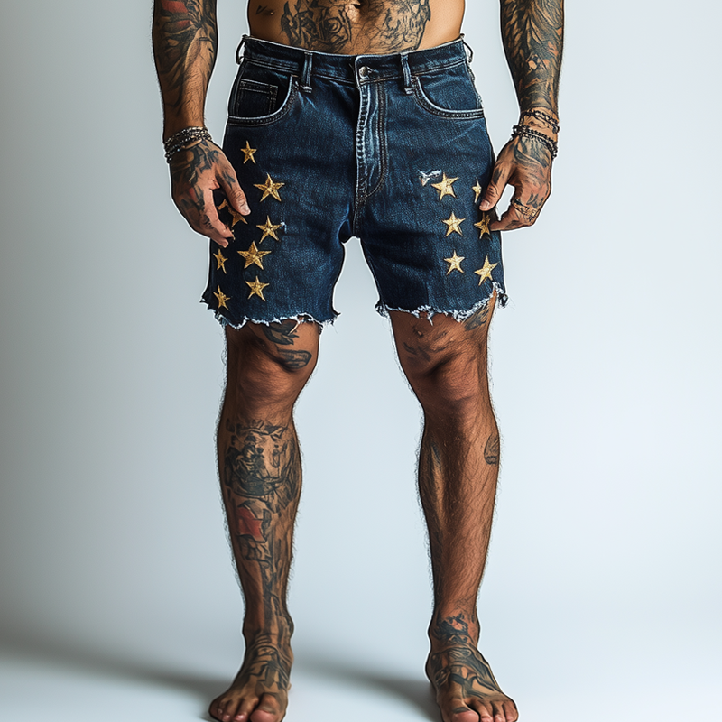 Noel | Men'S Star Embroidered Denim Shorts