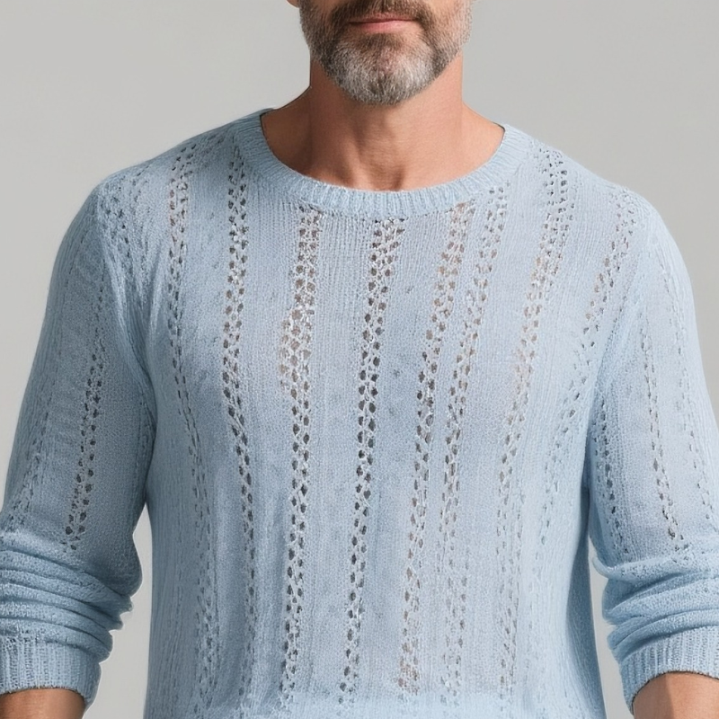 Rogelio | Men'S Solid Color Hollow Out Knit Round Neck Long Sleeve Sweater