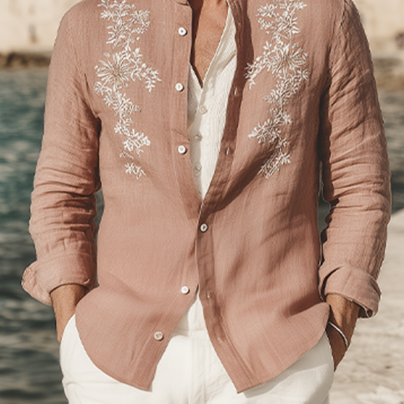 Abram | Men'S Spring And Summer Retro Exquisite Embroidered Tencel Cotton Stand Collar Long Sleeve Shirt