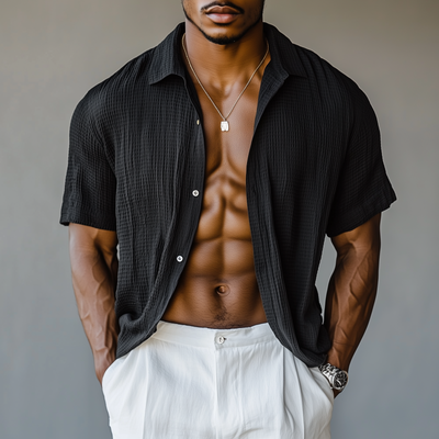 Curtis | Men'S Casual Breathable Cotton Blended Waffle Lapel Loose Short Sleeve Shirt