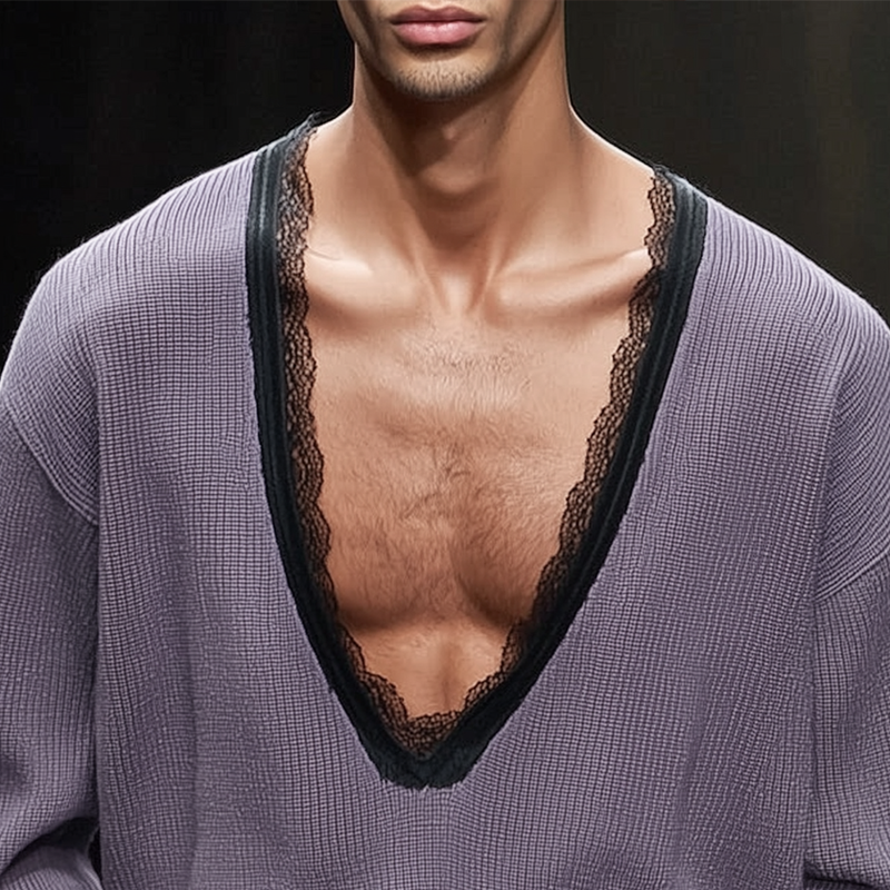 Reginald | Men'S Solid Loose Lace V Neck Long Sleeve Knit Sweater