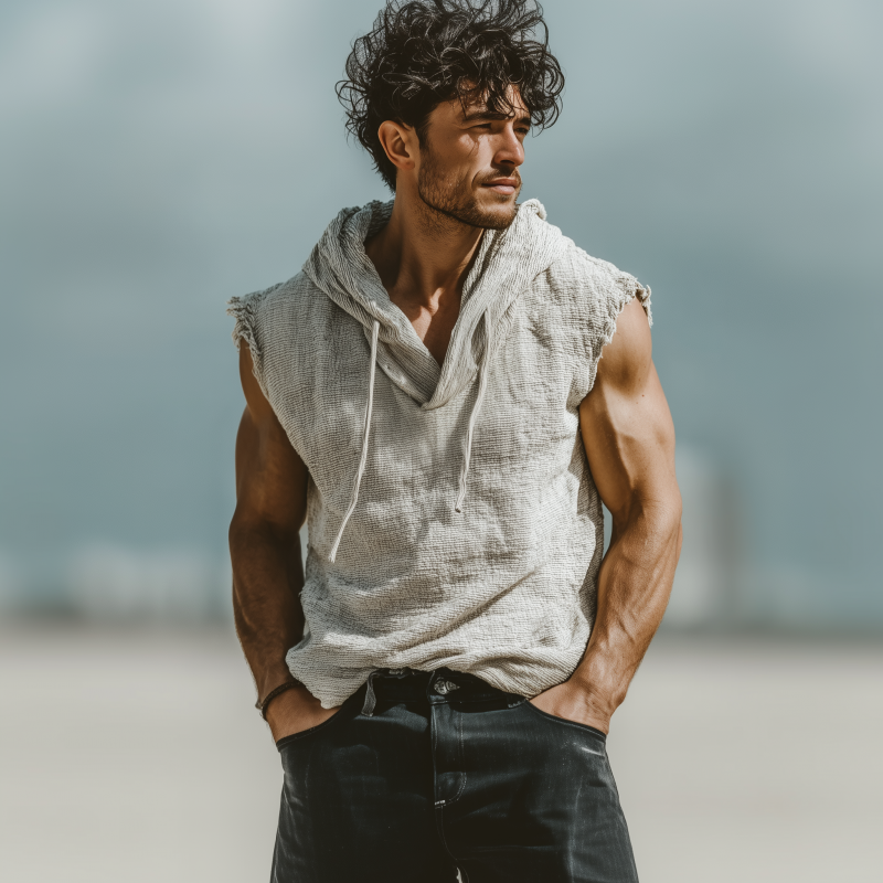 Ty | Men'S Casual Breathable Cotton Linen Striped Hooded Loose Raw Edge Sleeveless Tank Top