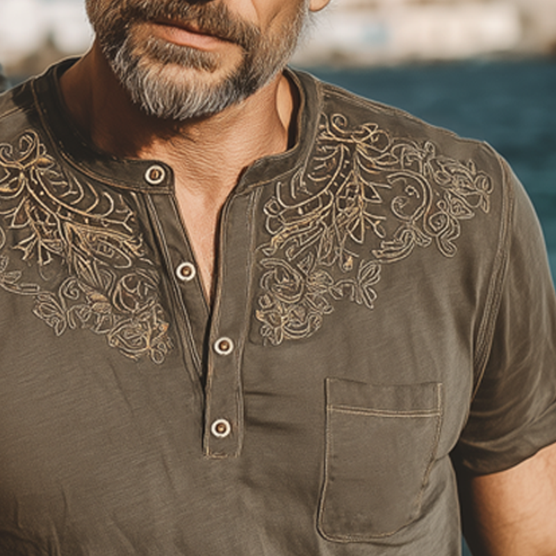 Royce | Men'S Summer Henley Collar Embroidered Short Sleeve T-Shirt