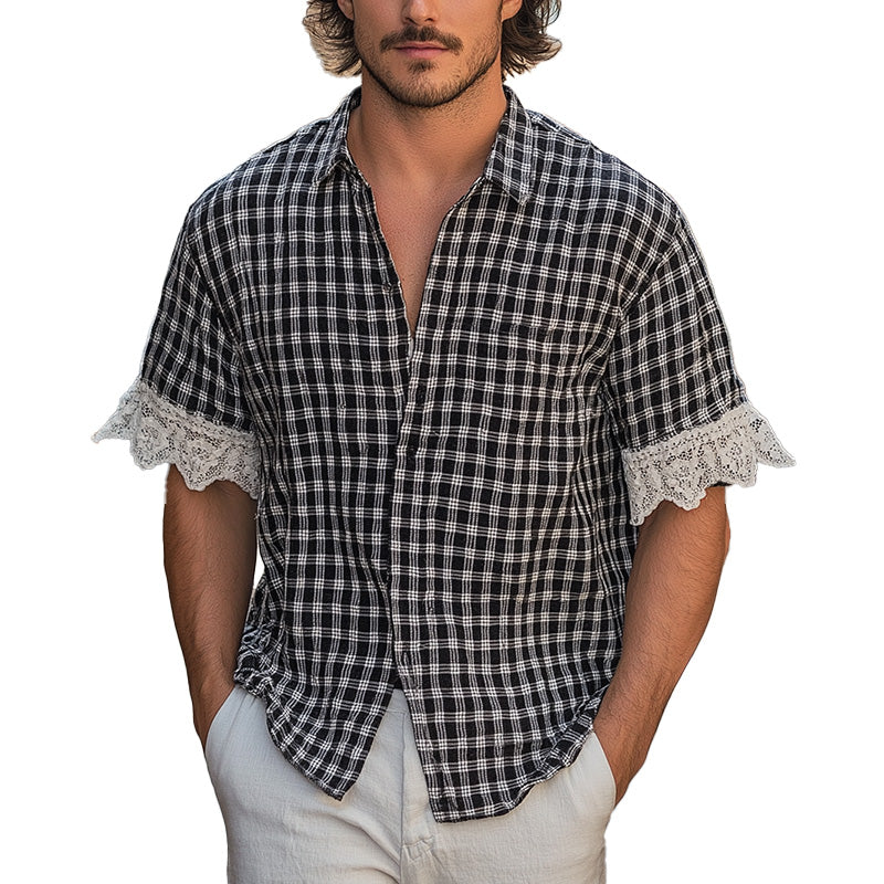 Luther | Men'S Summer Fashion Lace Patchwork Plaid Short Sleeve Shirt