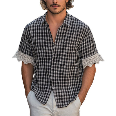 Luther | Men'S Summer Fashion Lace Patchwork Plaid Short Sleeve Shirt