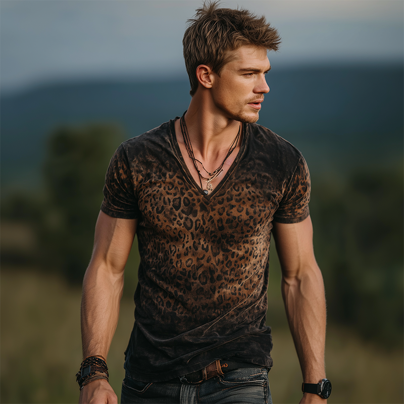 Henry | Men'S Retro Casual Gradient Leopard Velvet V-Neck Short Sleeve T-Shirt