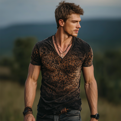 Henry | Men'S Retro Casual Gradient Leopard Velvet V-Neck Short Sleeve T-Shirt