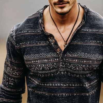 Bradley | Men'S Retro Casual Wilderness Ethnic Style Printed Henry Long Sleeve T-Shirt