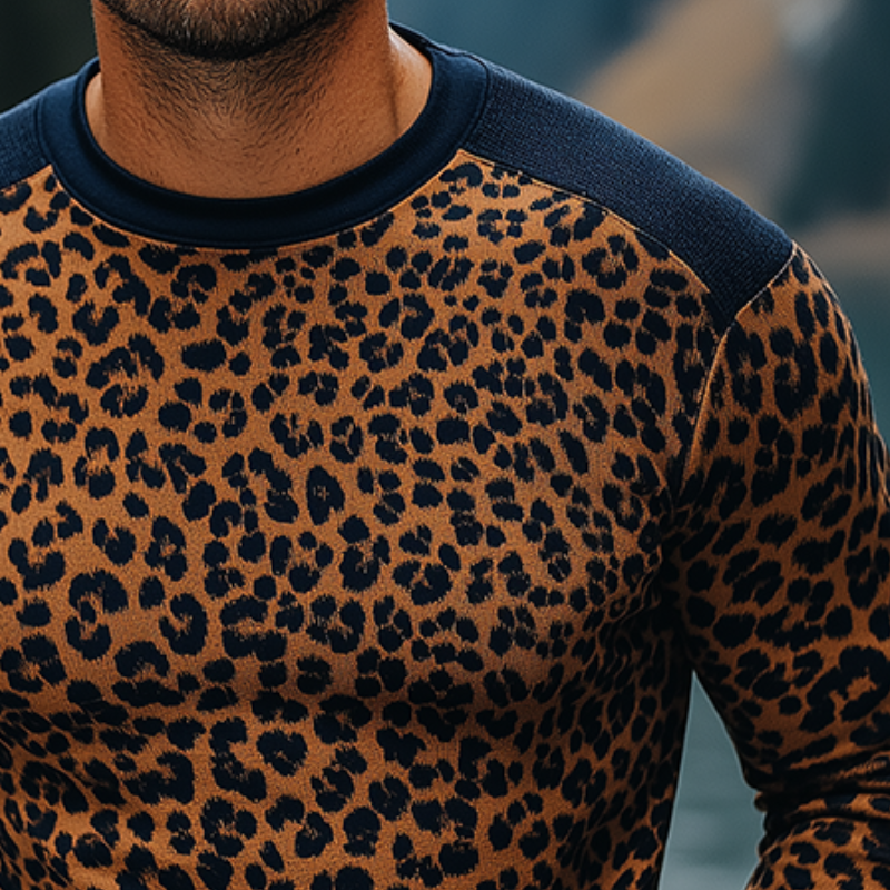 Anthony | Men'S Retro Casual Leopard Print Colorblock Round Neck Long Sleeve T-Shirt