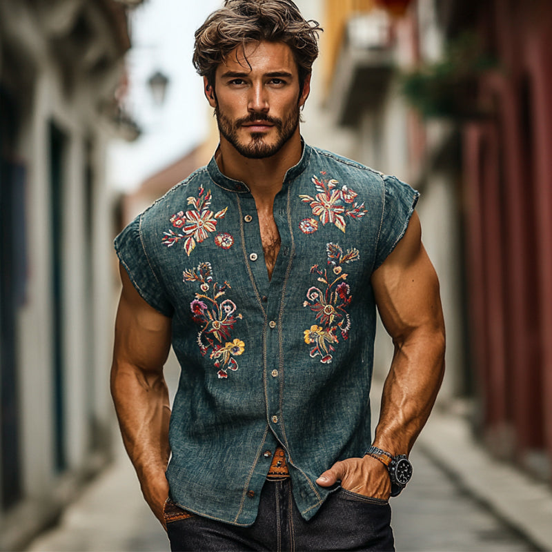 Cesar | Men'S Casual Cotton And Linen Embroidered Small Flying Sleeve Lapel Shirt