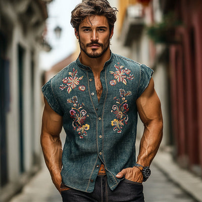 Cesar | Men'S Casual Cotton And Linen Embroidered Small Flying Sleeve Lapel Shirt