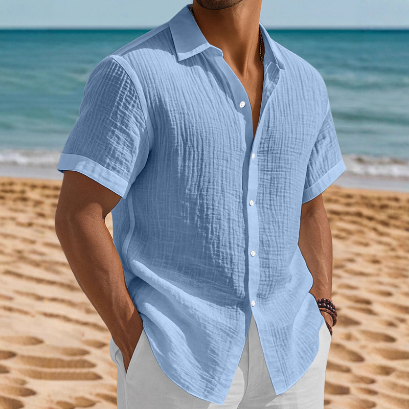 Herbert | Men'S Washed Cotton Solid Color Casual Short Sleeve Shirt