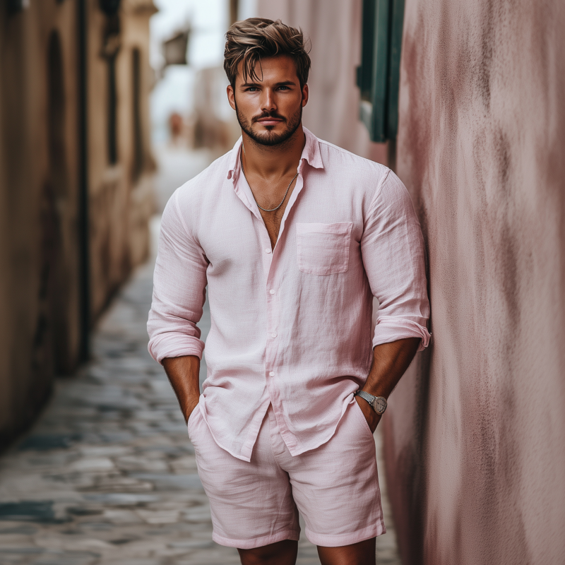 Vic | Men'S Casual Breathable Solid Color Linen Lapel Patch Pocket Long Sleeve Shirt Loose Shorts Set
