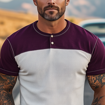Fidel | Men'S Spring And Summer Casual Cotton Blend Splicing Waffle Henry Collar Short Sleeve T-Shirt