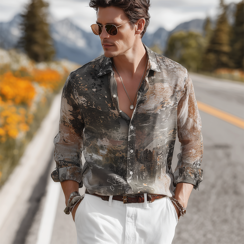 Justin | Men'S Summer Fashion Casual Chiffon Slightly Transparent Sexy Art Print Long Sleeve Shirt