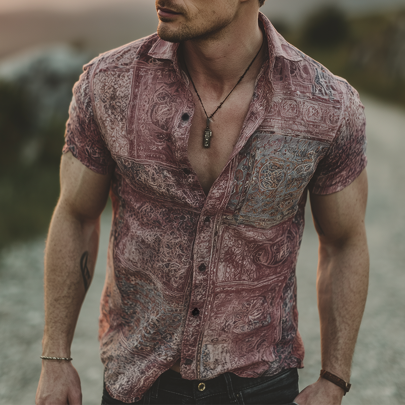 David | Men'S Retro Casual Gradient Print Lapel Short Sleeve Shirt