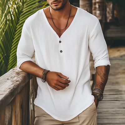Anthony | Men'S Casual Solid Color Breathable Cotton Linen V-Neck Loose Long-Sleeved T-Shirt