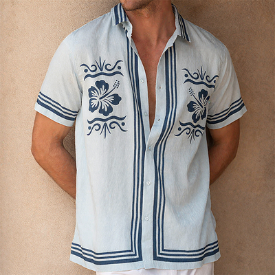Mitch | Men'S Summer Casual Tencel Cotton Floral Print Lapel Short Sleeve Shirt