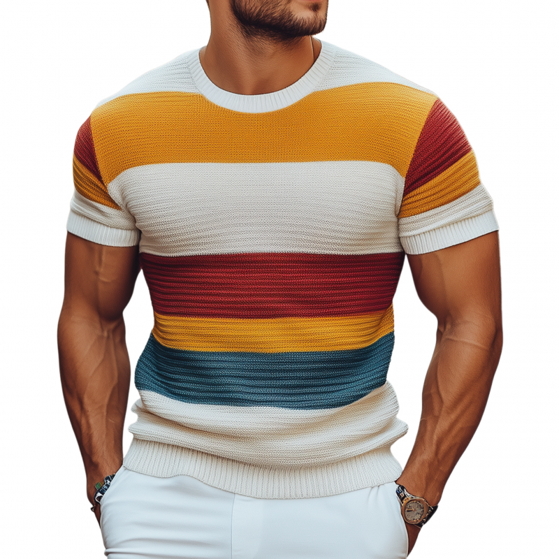 Monty | Men'S Casual Colorful Striped Knitted Round Neck Slim Fit Short Sleeve Sweater T-Shirt