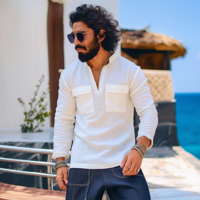 Bernard | Men'S Casual Cotton Solid Color V-Neck Chest Pocket Pullover Slim Fit Long Sleeve Shirt