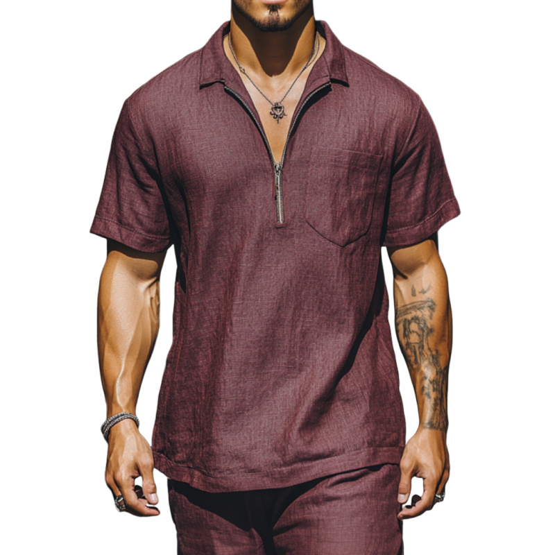 Hector | Men'S Casual Breathable Linen Zipper Lapel Patch Pocket Loose Short Sleeve Polo Shirt