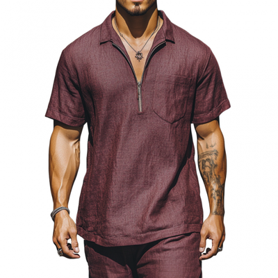 Hector | Men'S Casual Breathable Linen Zipper Lapel Patch Pocket Loose Short Sleeve Polo Shirt