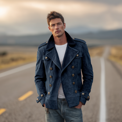 Men's Classic Retro Western Style Lapel Suede Epaulette Double-breasted Jacket