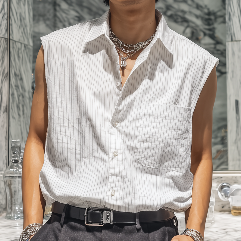 Lamar | Men'S Casual Breathable Cotton Striped Lapel Patch Pocket Loose Sleeveless Shirt