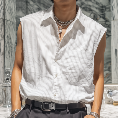 Lamar | Men'S Casual Breathable Cotton Striped Lapel Patch Pocket Loose Sleeveless Shirt