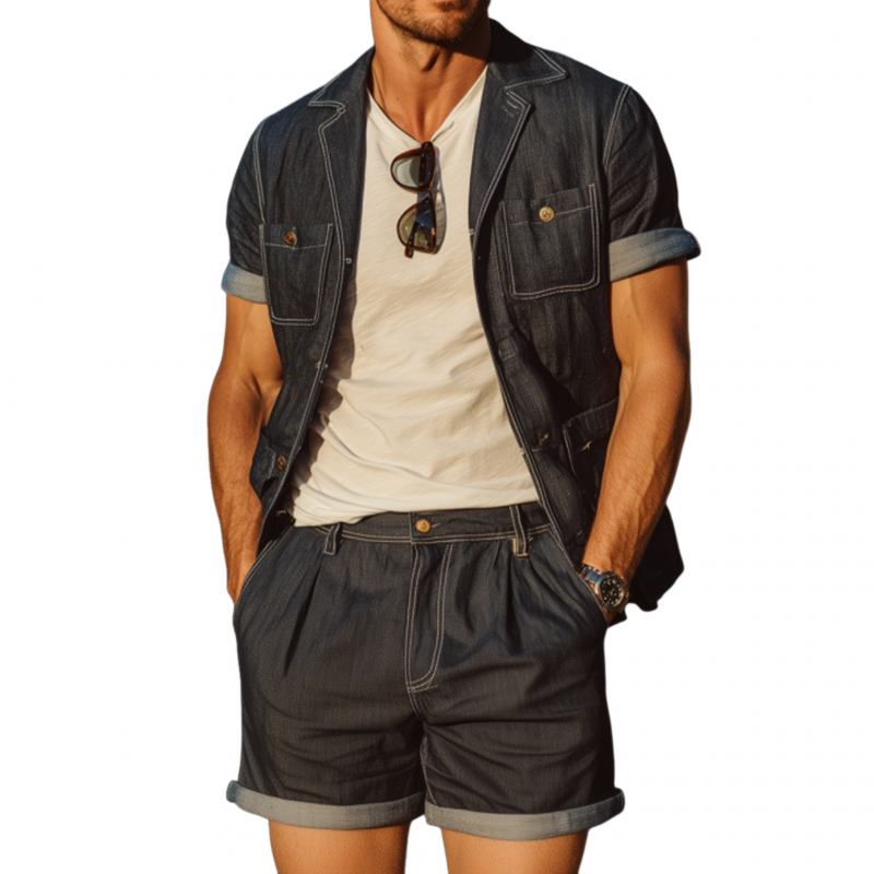 Daniel | Men'S Casual Outdoor Denim Washed Cuban Collar Multi-Pocket Short-Sleeved Shirt Suit Shorts Set
