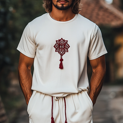 Earl | Men'S Bohemian Flower Embroidery Tassel Decoration Cotton Round Neck Loose Short Sleeve T-Shirt