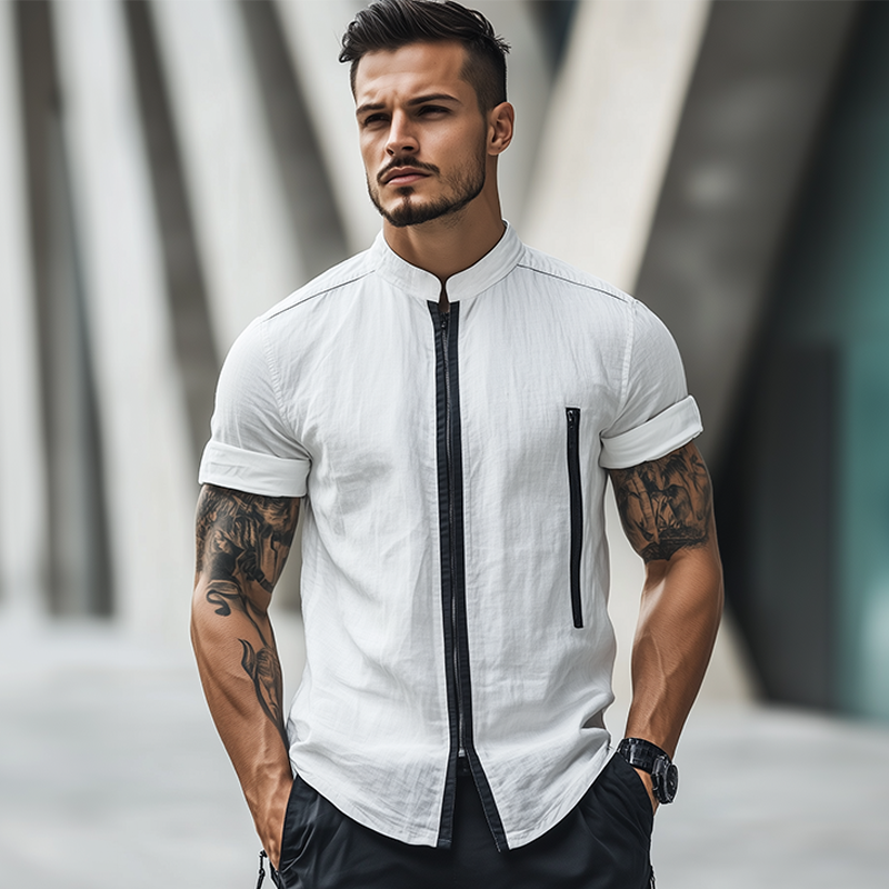 Jeffrey | Men'S Retro Casual Linen Zipper Stand Collar Short Sleeve Shirt